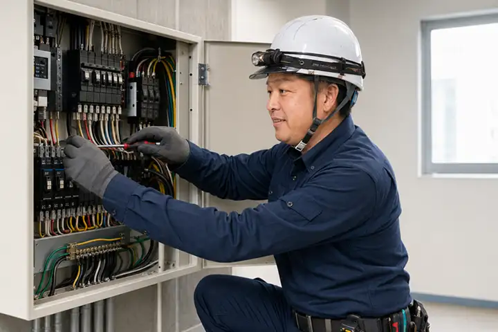 工場設備の分電盤で配線点検にあたる、有限会社ライズ君津勤務の電気工事スタッフ