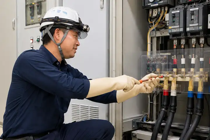 確かな技術で分電盤の配線・結線作業にあたる、有限会社ライズ横浜勤務の電気工事スタッフ