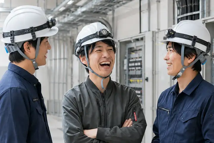 先輩スタッフと和やかに会話しながら現場を学ぶ、有限会社ライズの電気工事スタッフたち